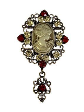 Vintage Cameo Brooch Pin Pendant Red Rhinestone Dangle Gold Tone 3”